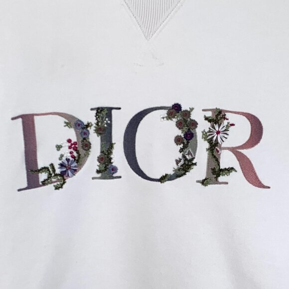 Dior White Floral Embroidered Logo Cotton Sweatshirt XL Round-Neck Long-Sleeve M - Picture 7 of 8